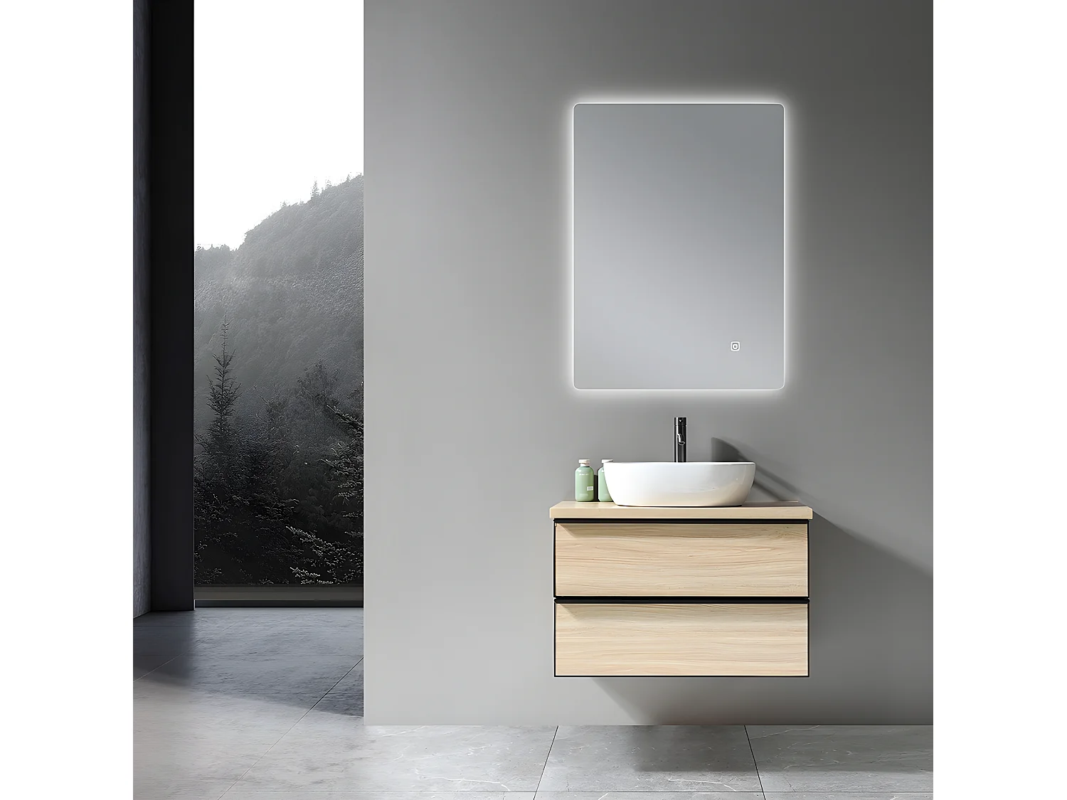 LuxuryBain - Meuble de salle de bain simple vasque 80cm chêne clair avec miroir led