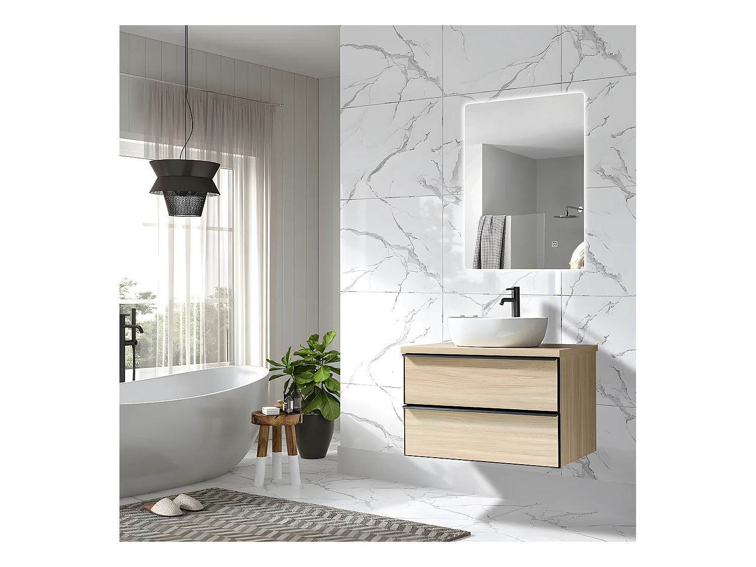 LuxuryBain - Meuble de salle de bain simple vasque 80cm chêne clair avec miroir led