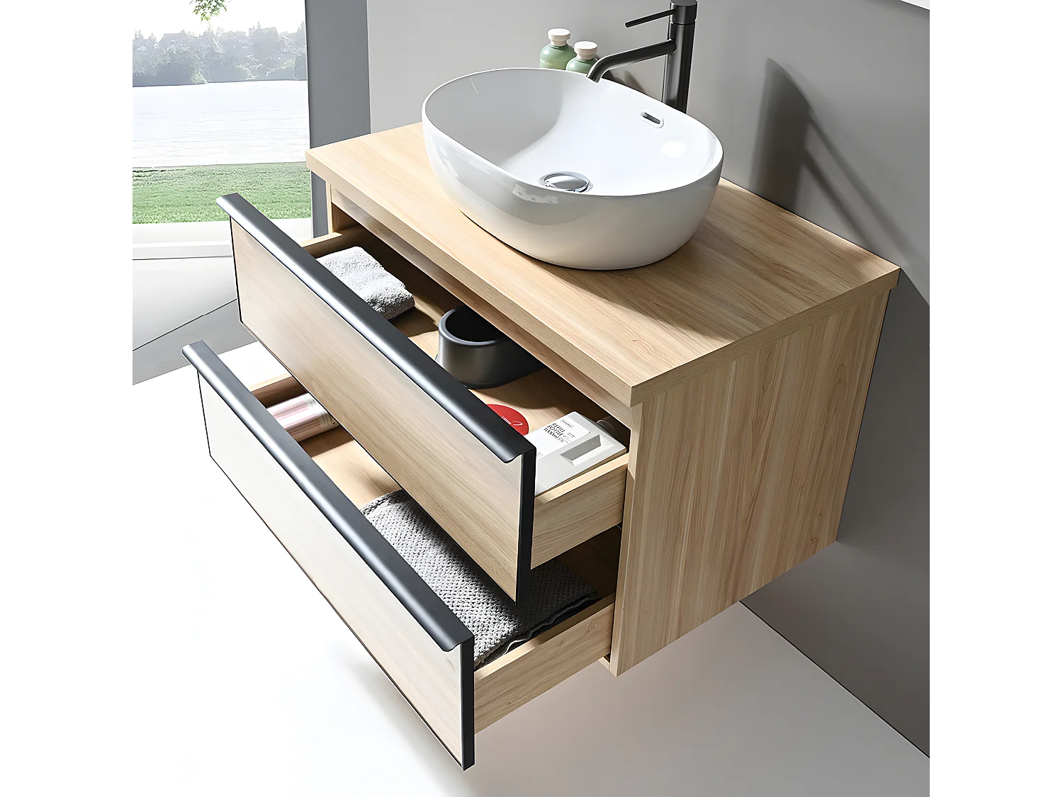 LuxuryBain - Meuble de salle de bain simple vasque 80cm chêne clair avec miroir led