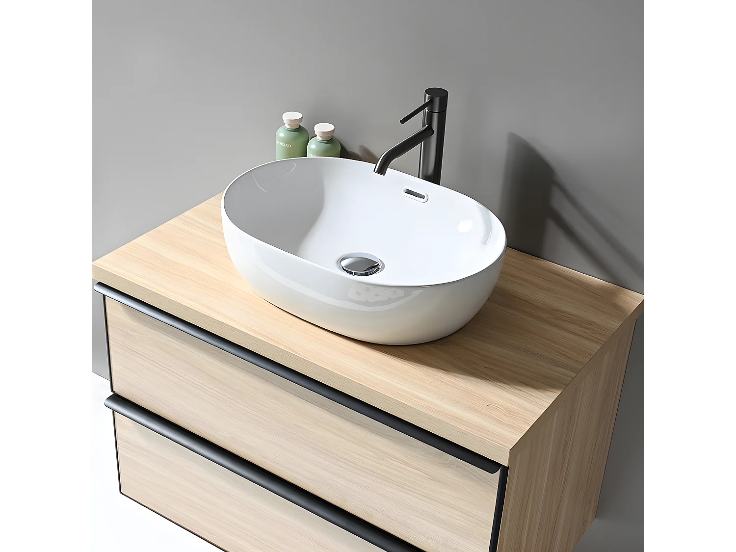 LuxuryBain - Meuble de salle de bain simple vasque 80cm chêne clair avec miroir led