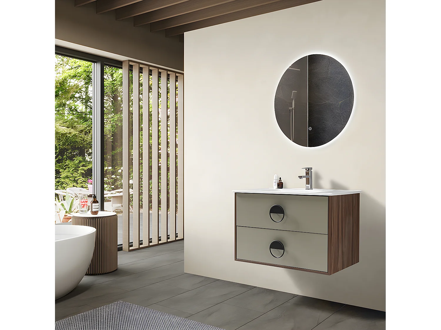 LuxuryBain - Meuble de salle de bain simple vasque 80cm bois et vert avec miroir led