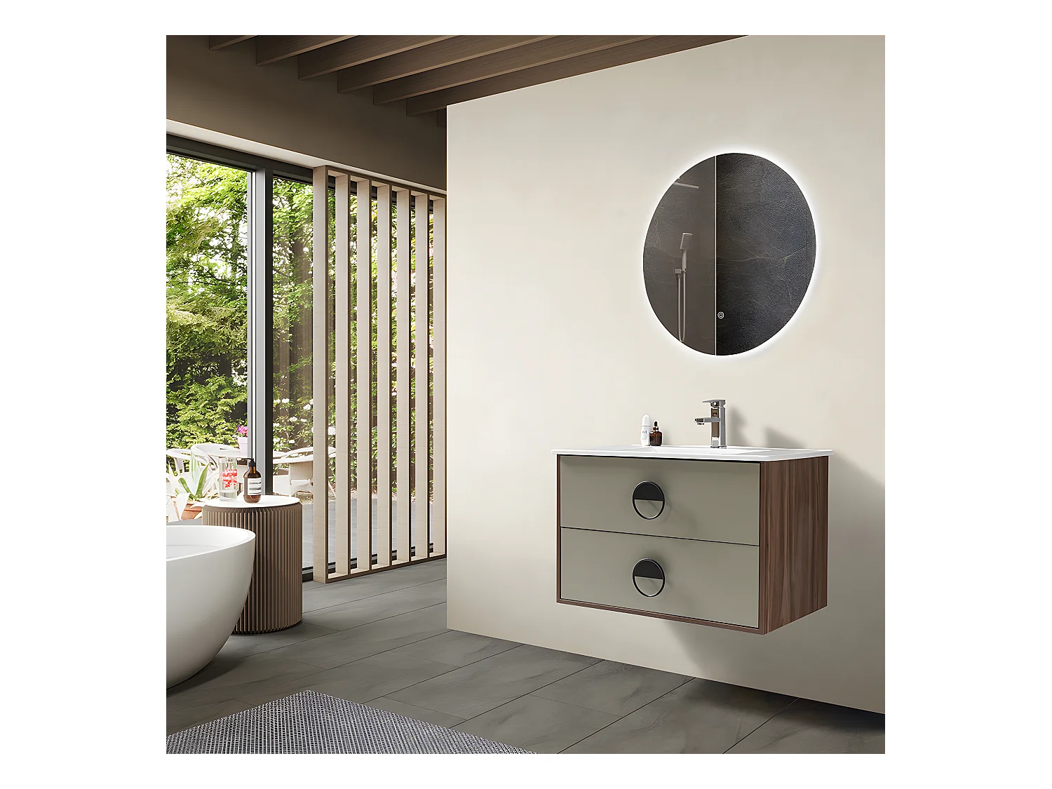 LuxuryBain - Meuble de salle de bain simple vasque 80cm bois et vert avec miroir led