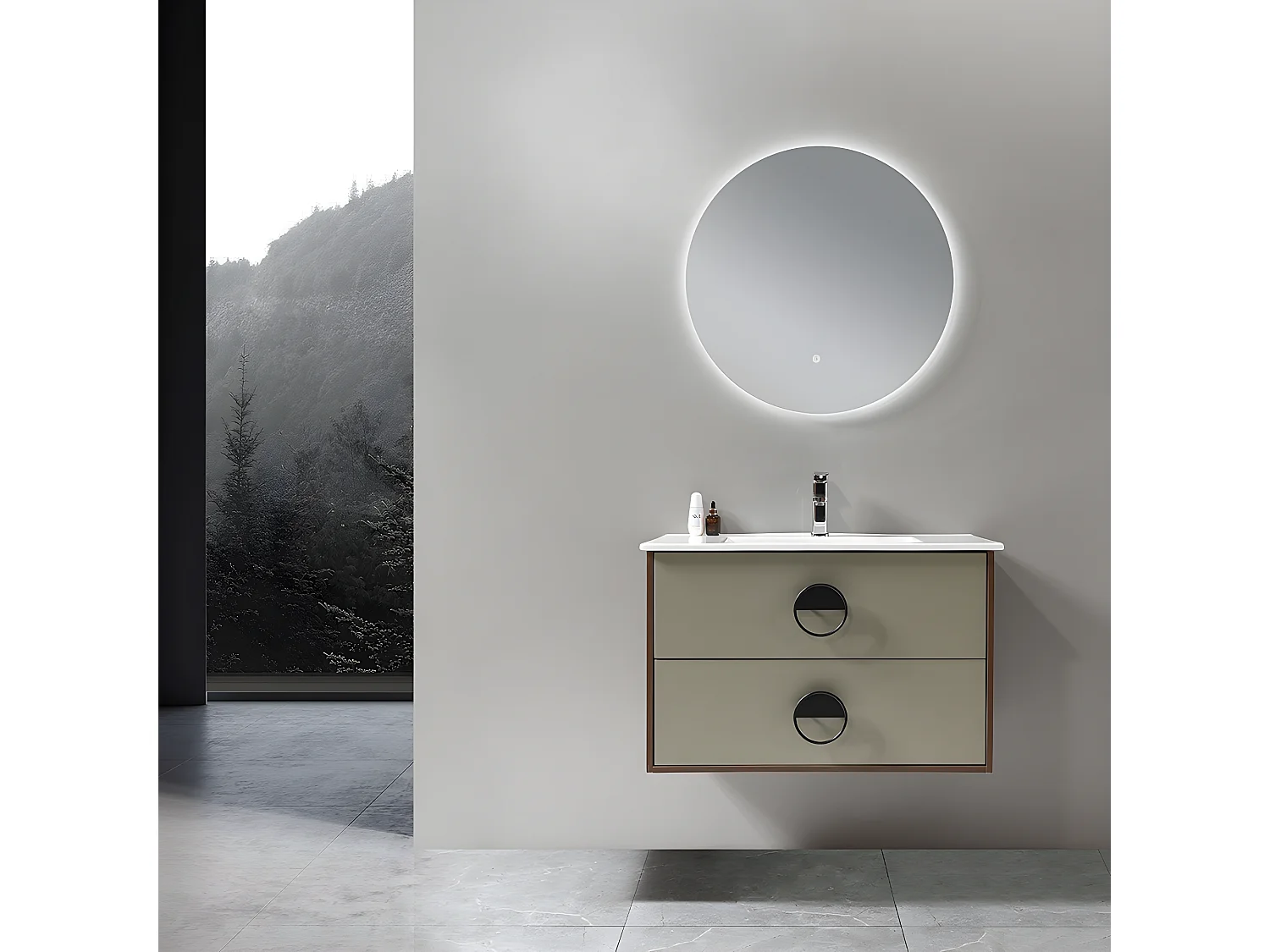 LuxuryBain - Meuble de salle de bain simple vasque 80cm bois et vert avec miroir led