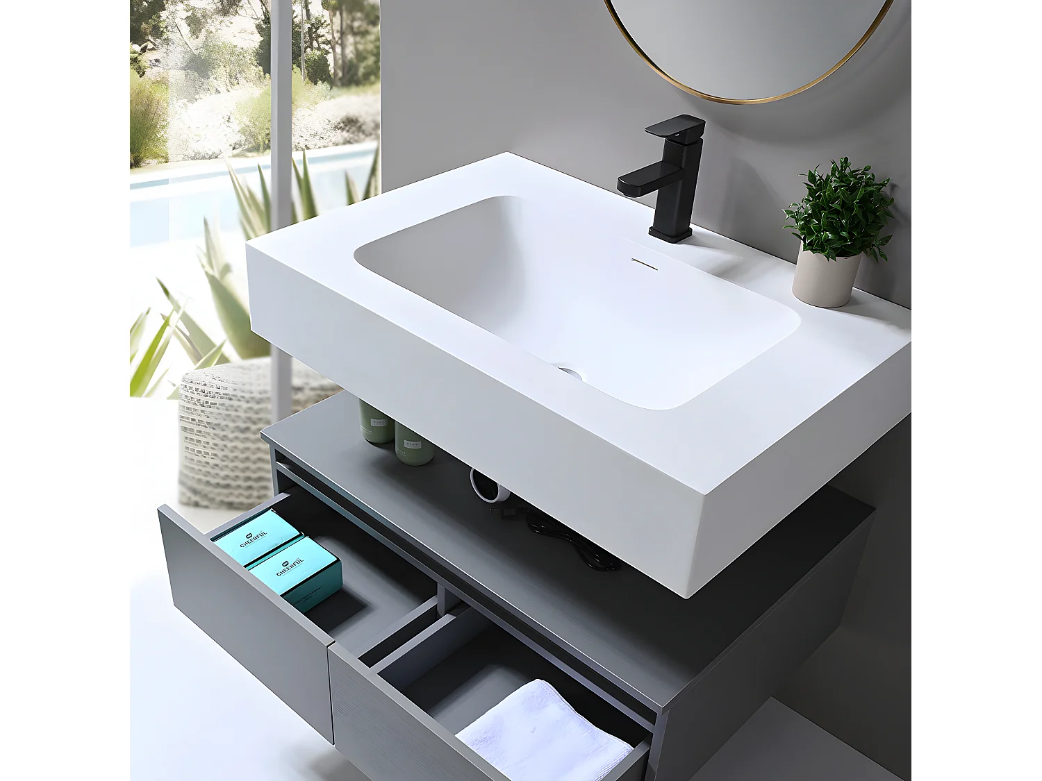 LuxuryBain - Meuble de salle de bain simple vasque 80cm en Corian blanc avec miroir led