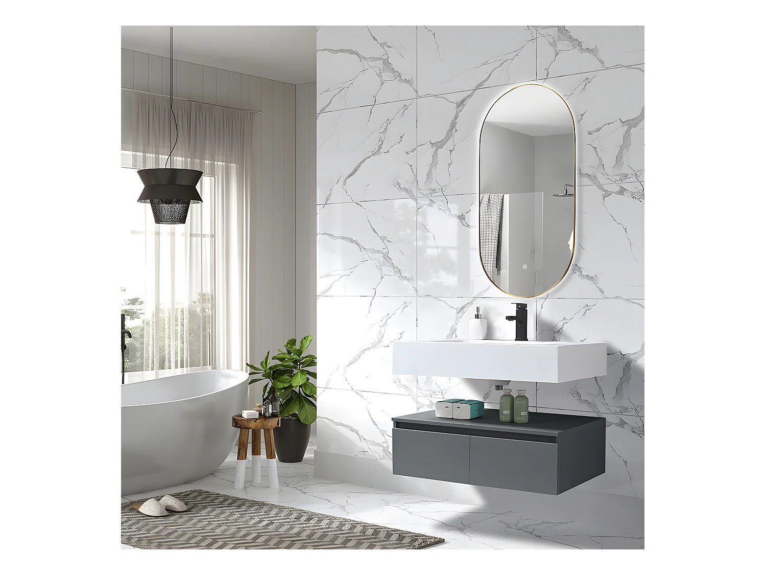 LuxuryBain - Meuble de salle de bain simple vasque 80cm en Corian blanc avec miroir led