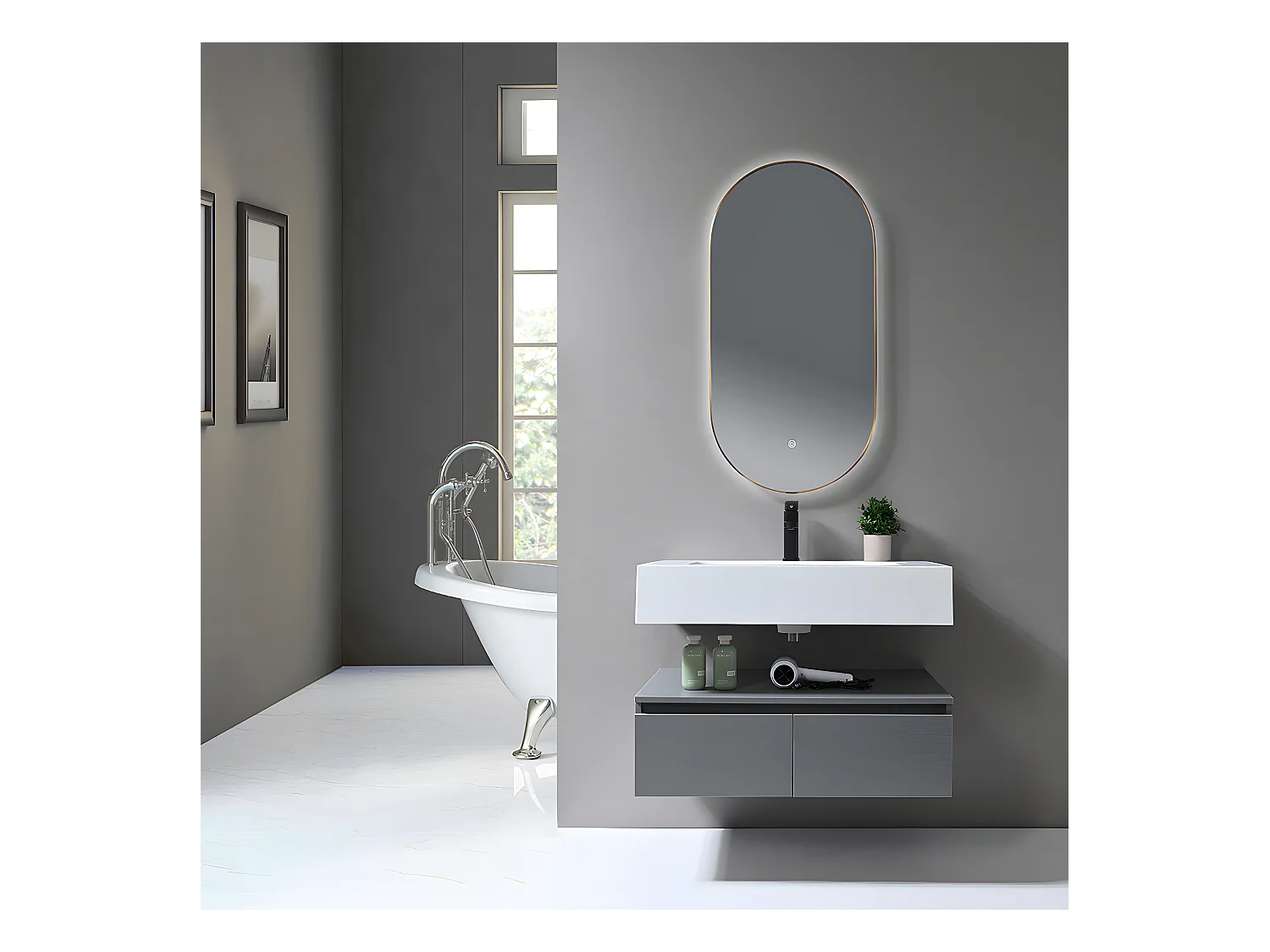 LuxuryBain - Meuble de salle de bain simple vasque 80cm en Corian blanc avec miroir led