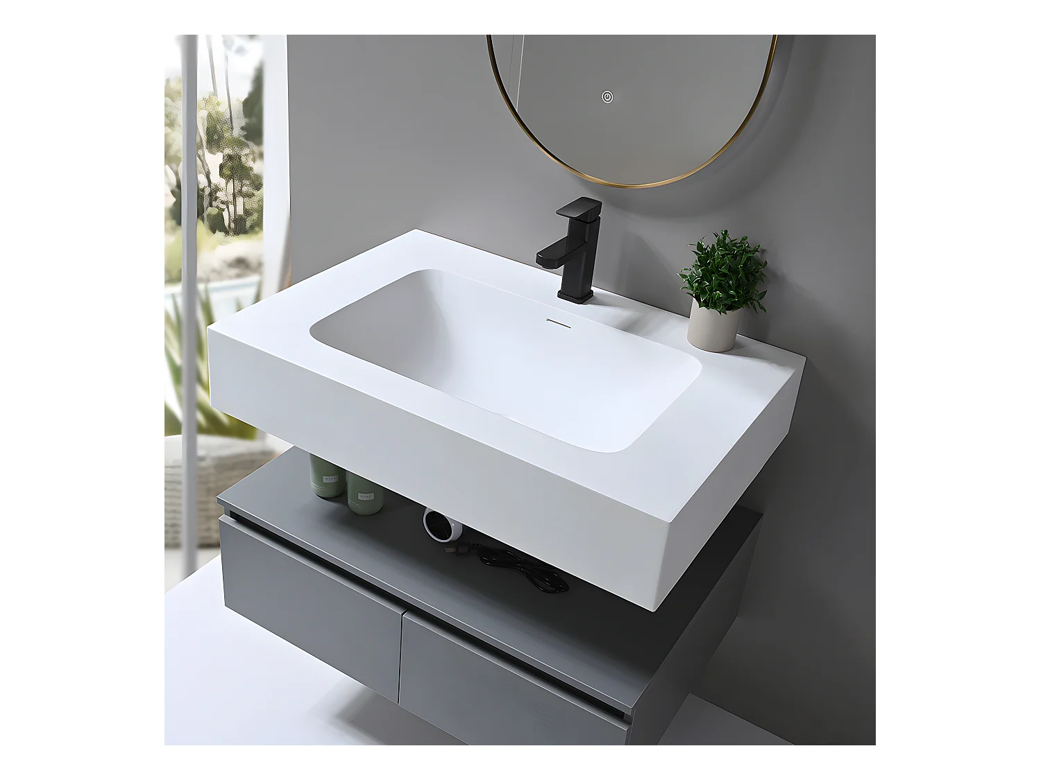 LuxuryBain - Meuble de salle de bain simple vasque 80cm en Corian blanc avec miroir led