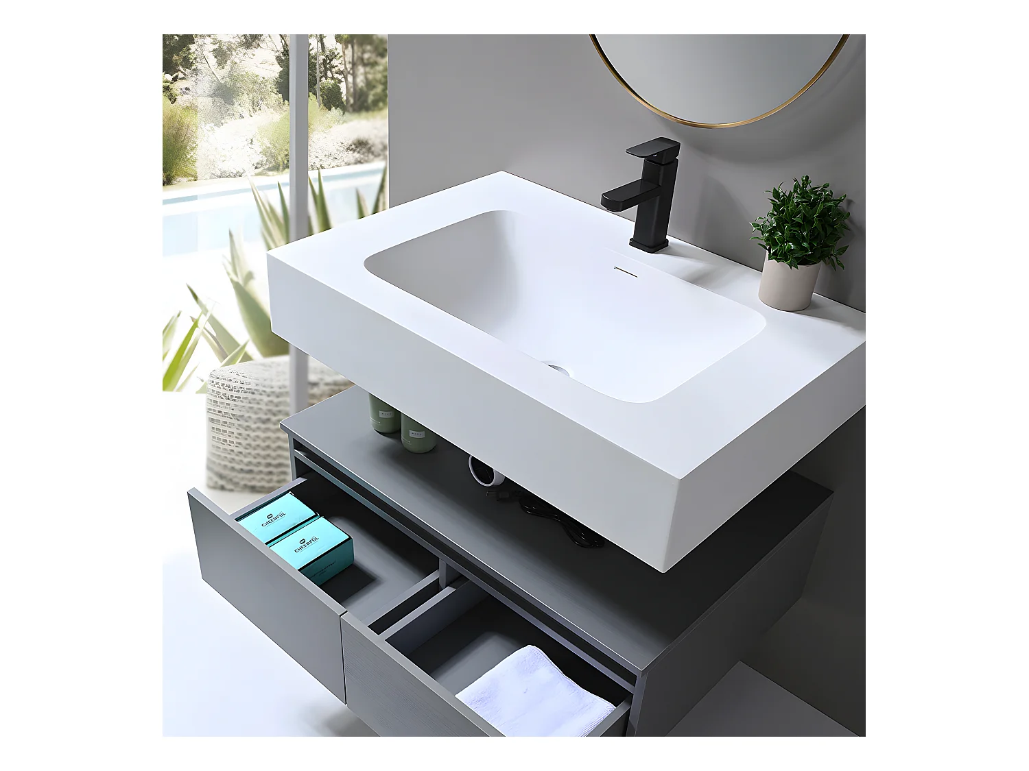 LuxuryBain - Meuble de salle de bain simple vasque 80cm en Corian blanc avec miroir led