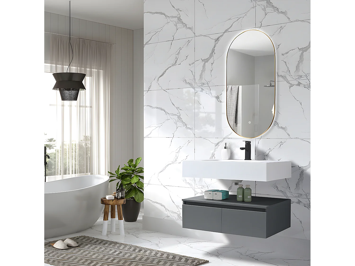 LuxuryBain - Meuble de salle de bain simple vasque 80cm en Corian blanc avec miroir led