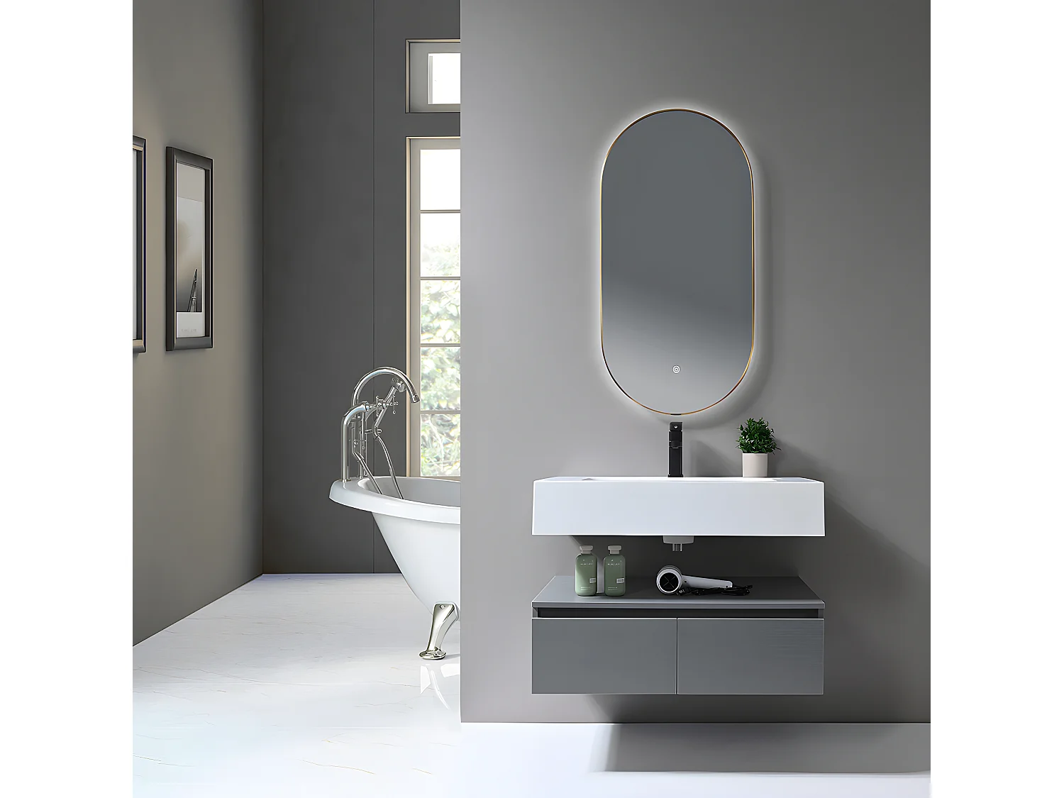 LuxuryBain - Meuble de salle de bain simple vasque 80cm en Corian blanc avec miroir led