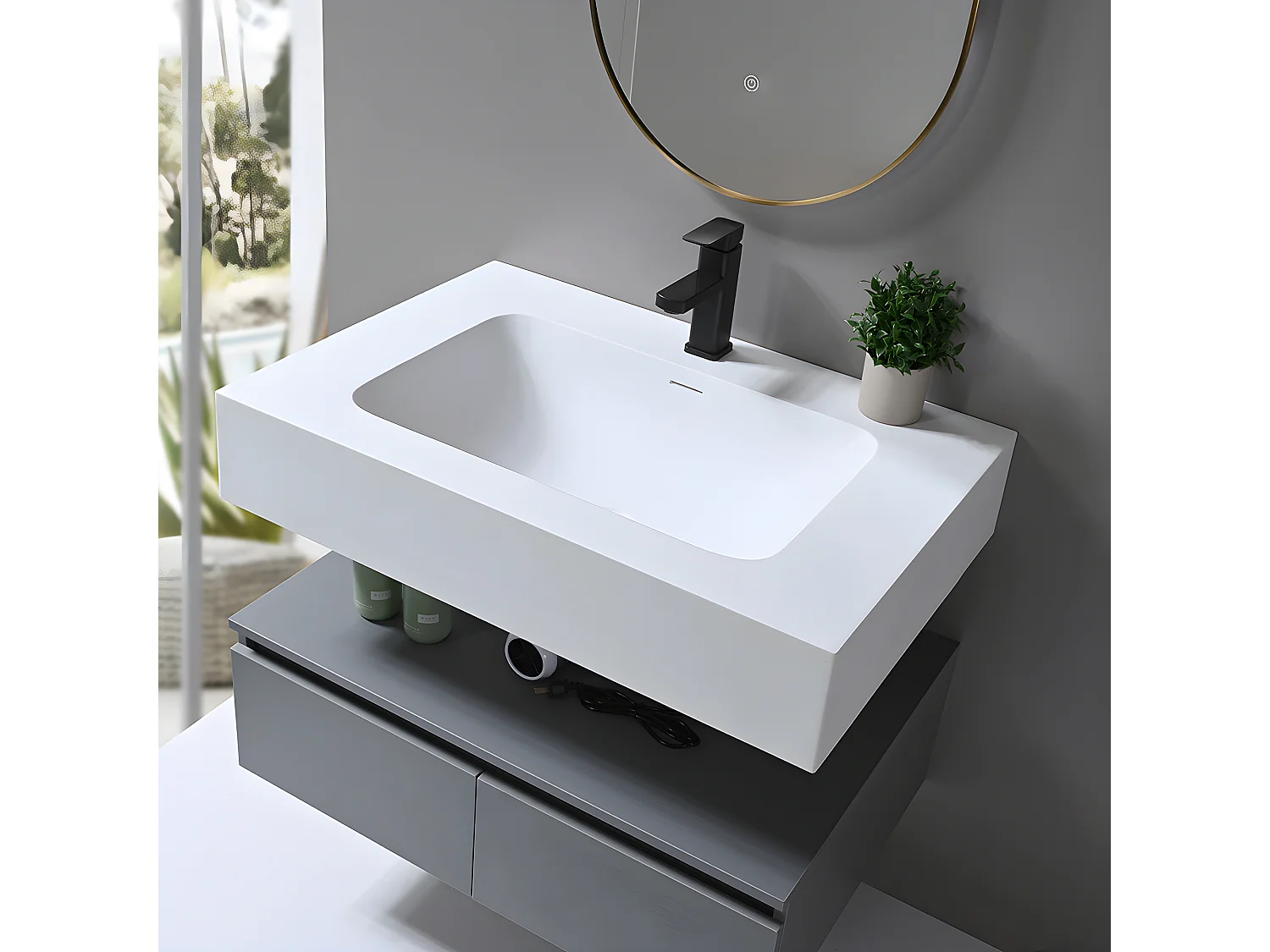 LuxuryBain - Meuble de salle de bain simple vasque 80cm en Corian blanc avec miroir led
