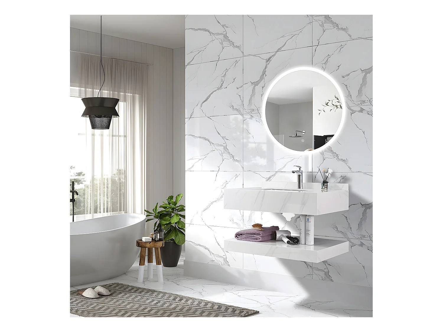 LuxuryBain - Meuble de salle de bain simple vasque 100cm  effet marbre blanc avec miroir led