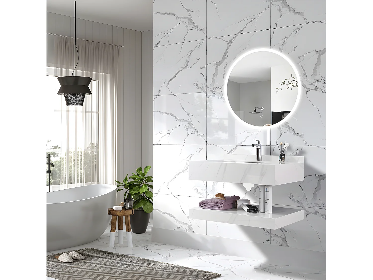 LuxuryBain - Meuble de salle de bain simple vasque 100cm  effet marbre blanc avec miroir led