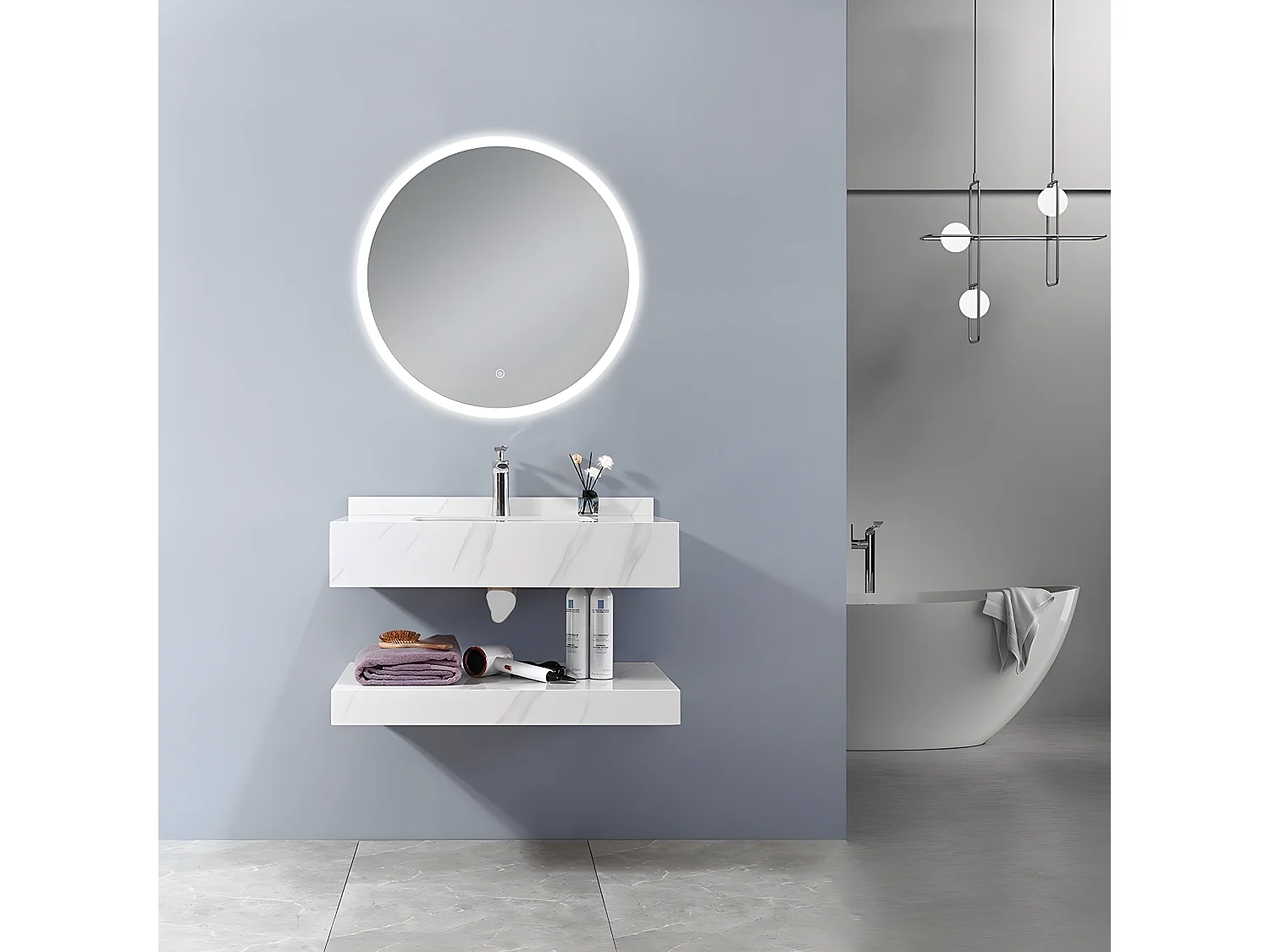 LuxuryBain - Meuble de salle de bain simple vasque 100cm  effet marbre blanc avec miroir led