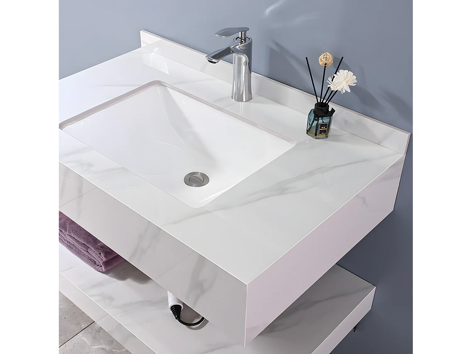 LuxuryBain - Meuble de salle de bain simple vasque 100cm  effet marbre blanc avec miroir led