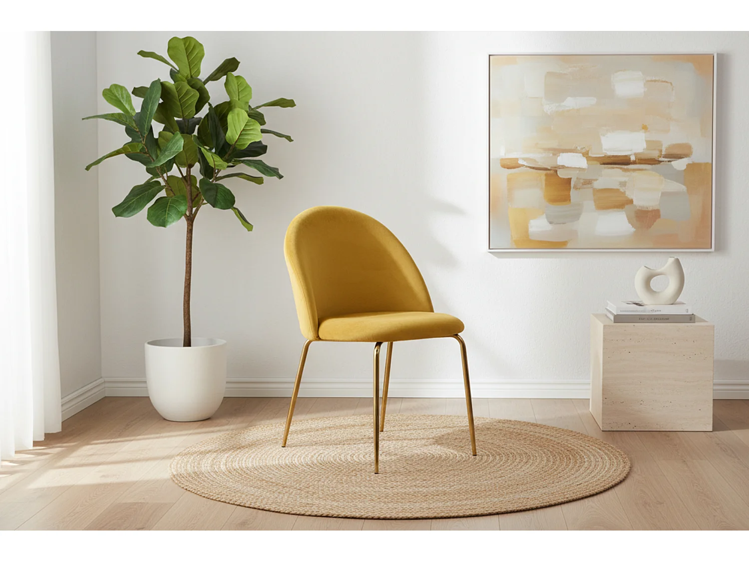 Sedia da pranzo imbottita in velluto giallo senape piede metallo dorato - Nicole (2pz)