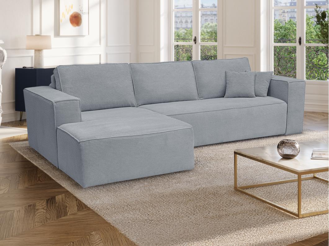 Canapé d'angle gauche convertible express en velours côtelé gris clair - Couchage 140 cm - Matelas 13 cm AMELIA II