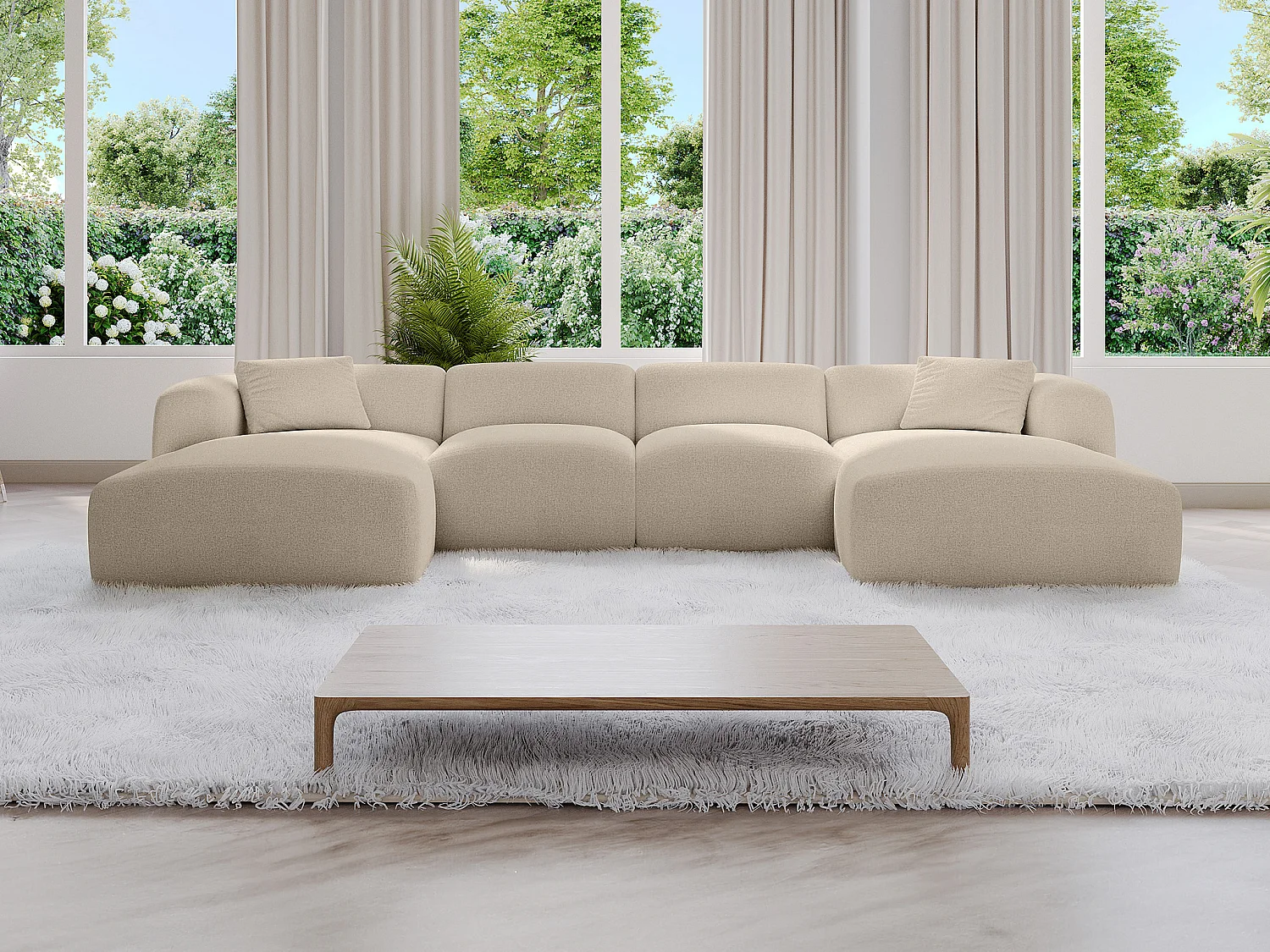 Grand canapé d'angle panoramique en tissu chiné beige POGNI de Maison Céphy