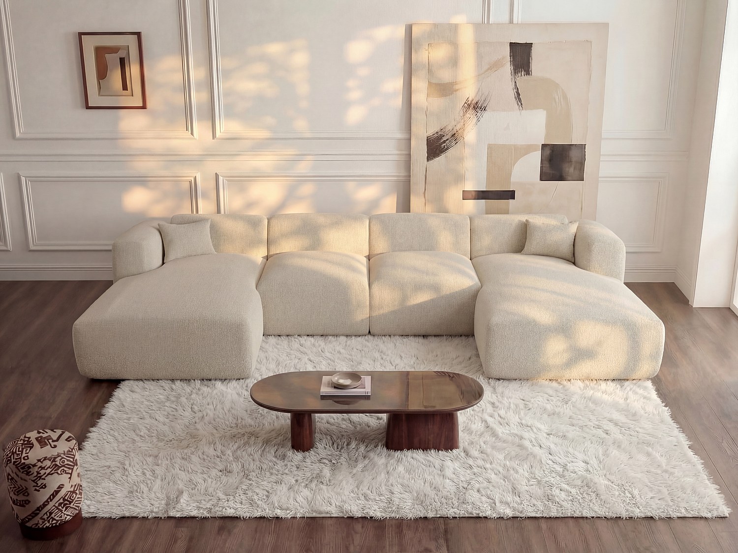 Grand canapé d'angle panoramique en tissu chiné beige POGNI de Maison Céphy