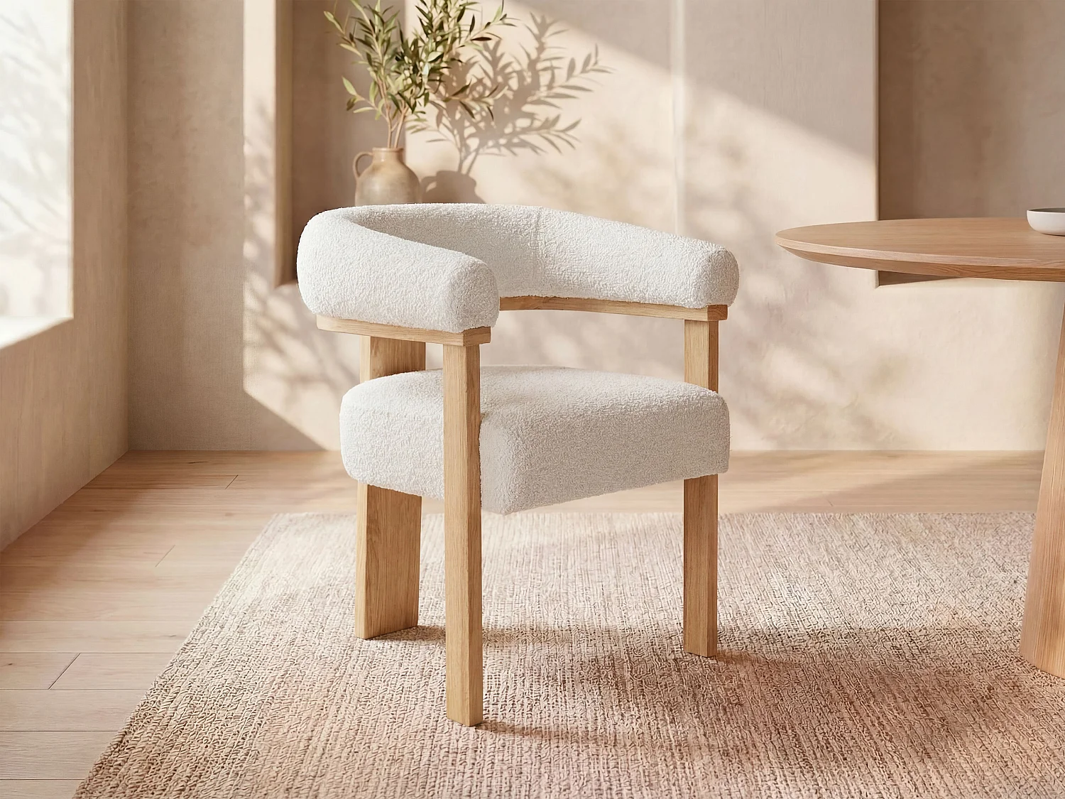 Sedia con braccioli in Tessuto bouclette e Legno di hevea Bianco e Naturale  - LIVELIA di Pascal MORABITO