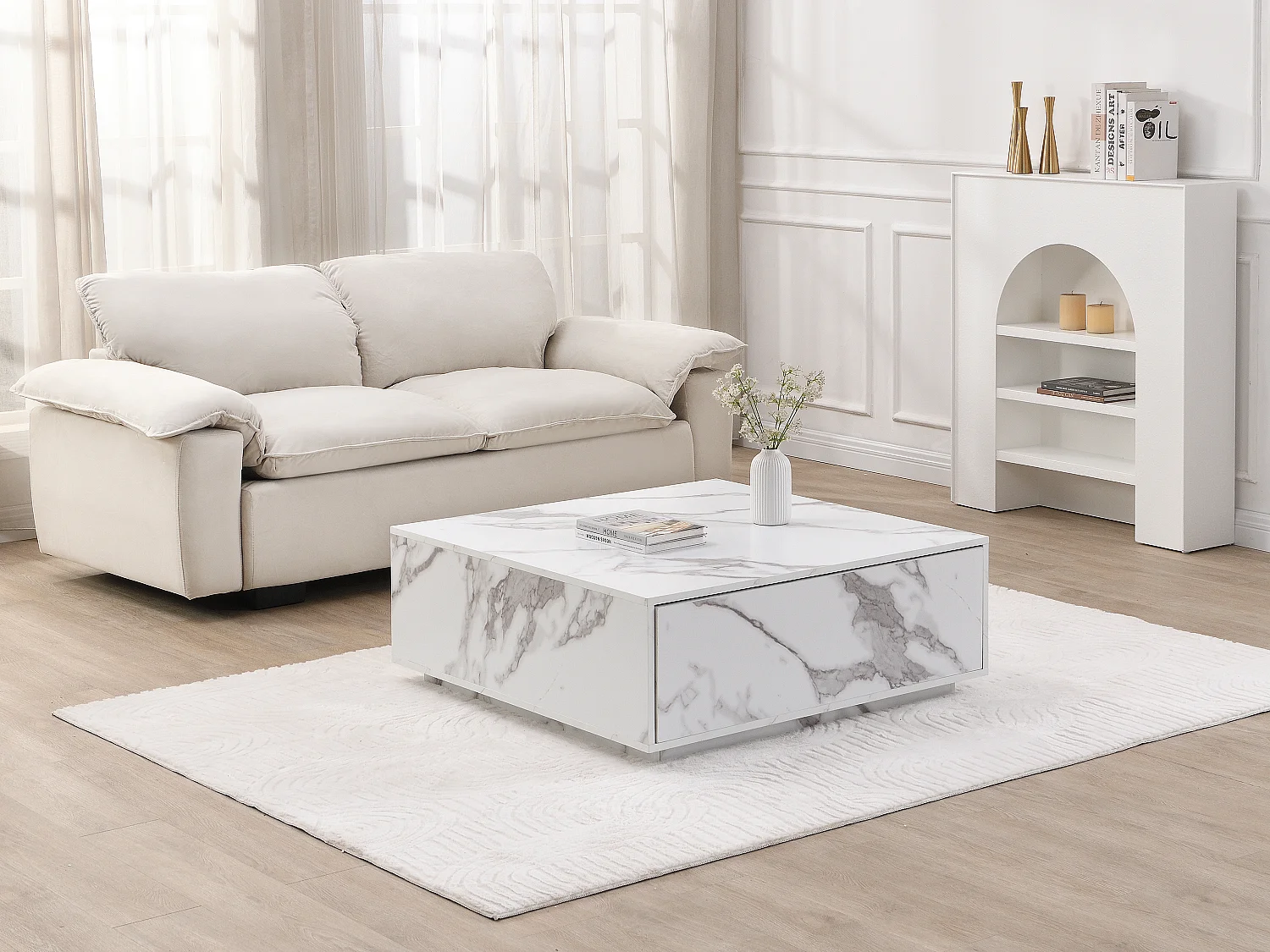 Table basse avec 2 tiroirs en MDF - L90 cm - Effet marbre blanc - ANTRIM de Pascal Morabito