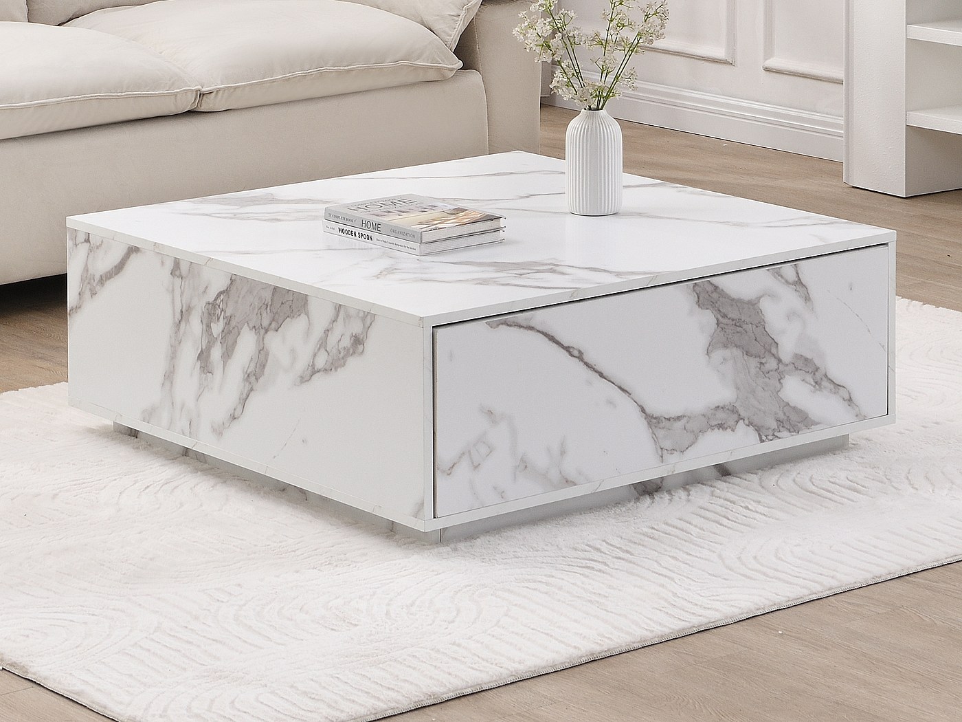 Stolik kawowy z 2 szufladami z MDF - Efekt białego marmuru