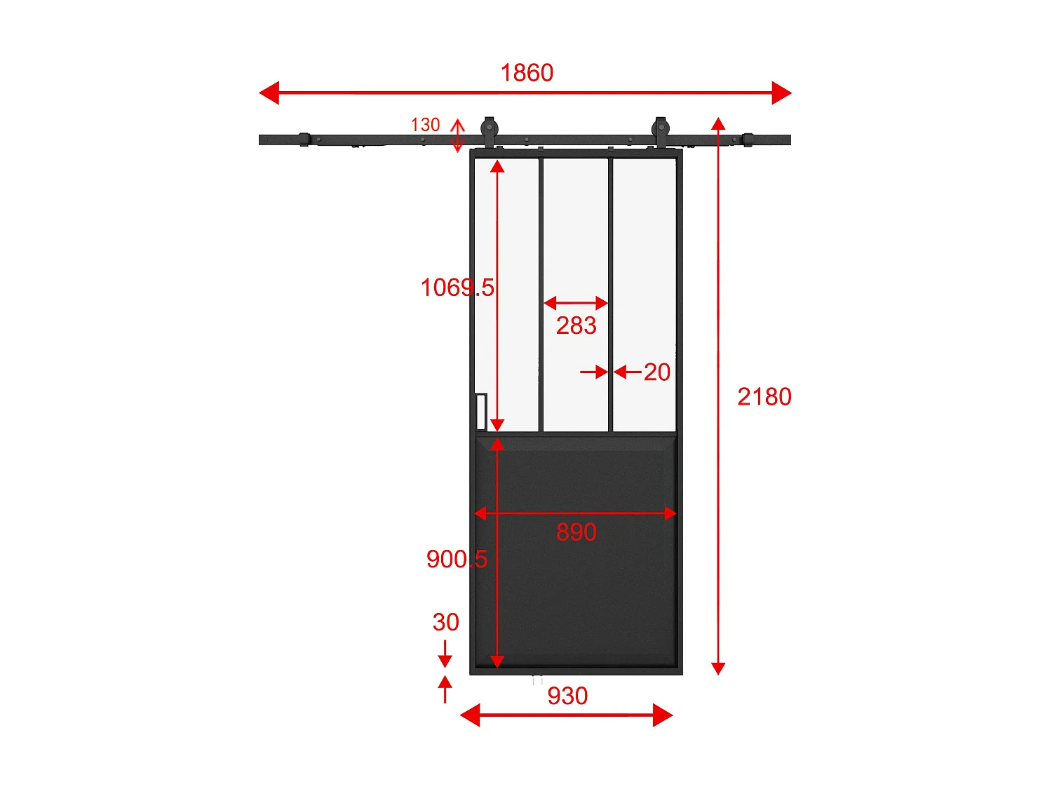 Schuifdeur in atelierstijl met opbouwsysteem - Zwart en gehard glas - H205 x L93 cm - ARTISTO II