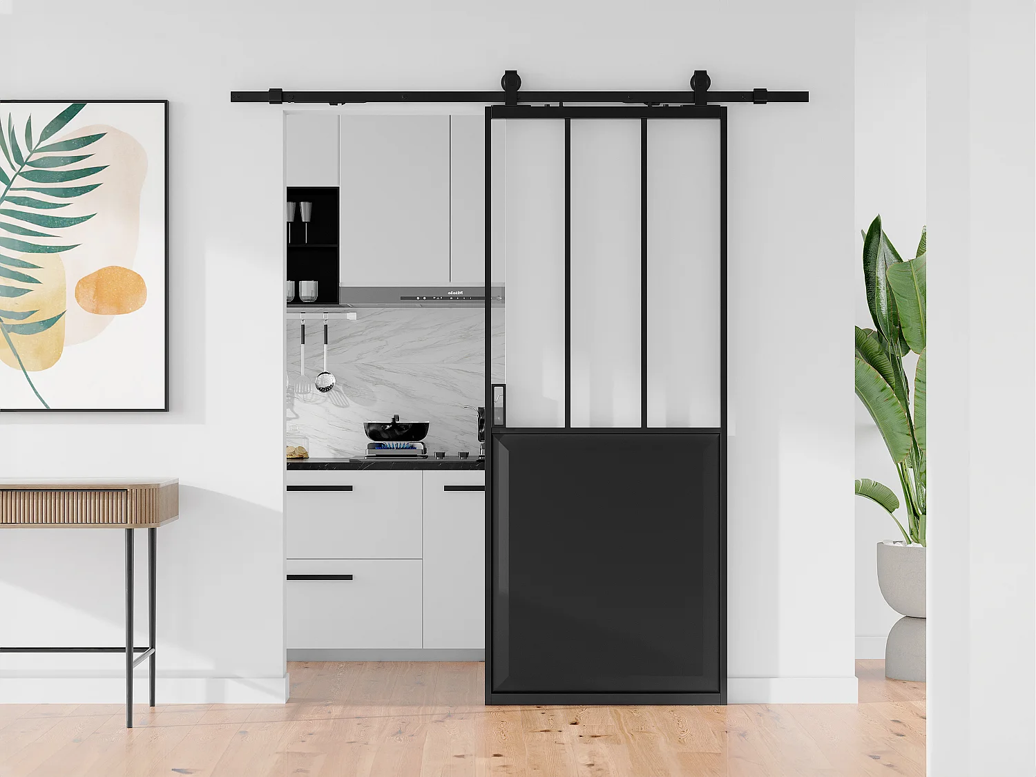 Schuifdeur in atelierstijl met opbouwsysteem - Zwart en gehard glas - H205 x L93 cm - ARTISTO II