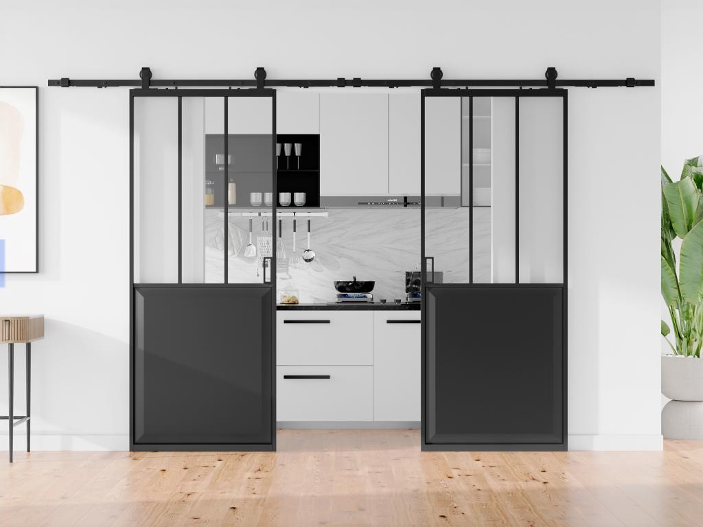 Porte coulissante double atelier avec système en applique - Noir et verre trempé - 2 x H205 x L93 cm - ARTISTO II