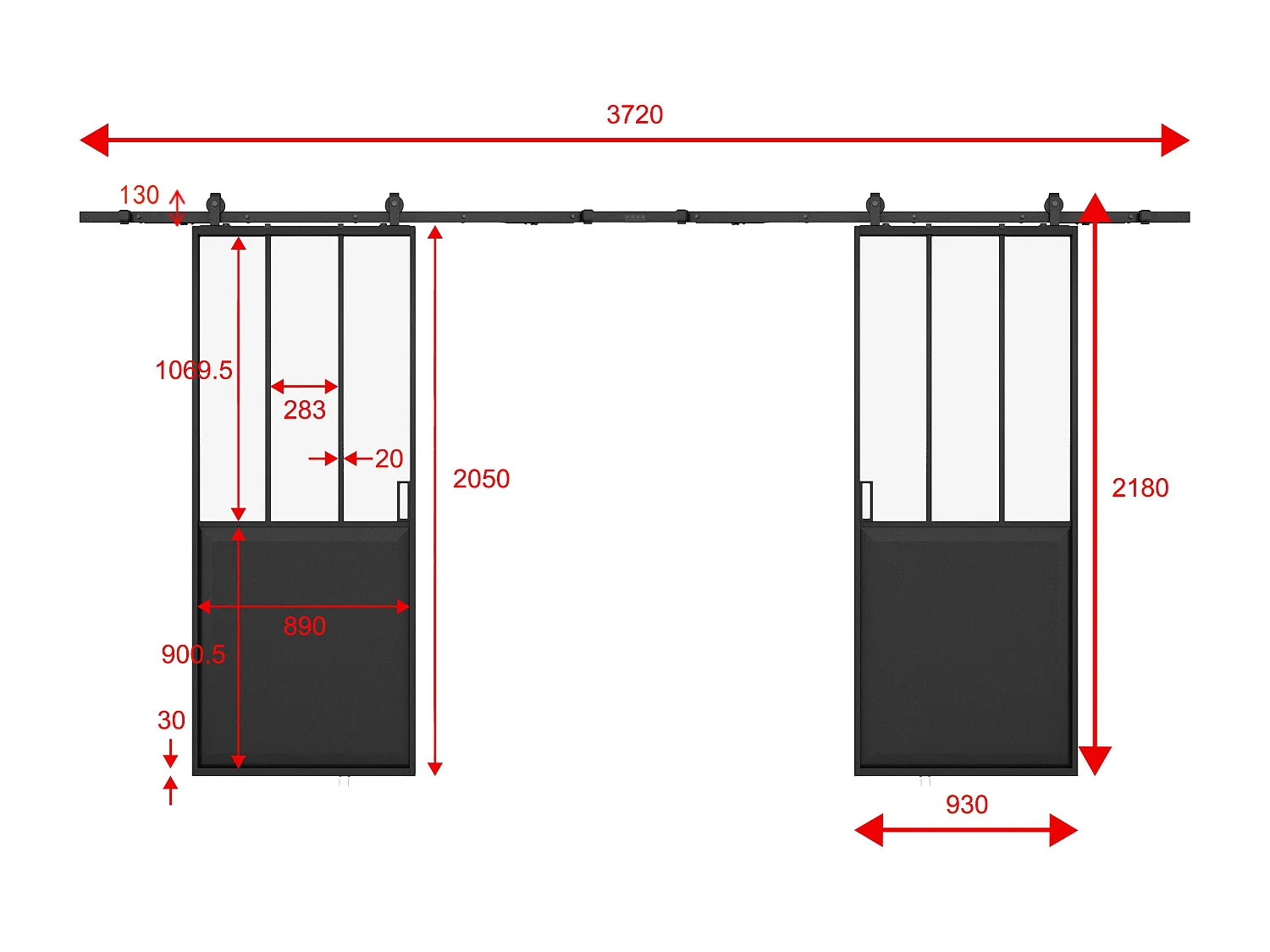 Porte coulissante double atelier avec système en applique - Noir et verre trempé - 2 x H205 x L93 cm - ARTISTO II