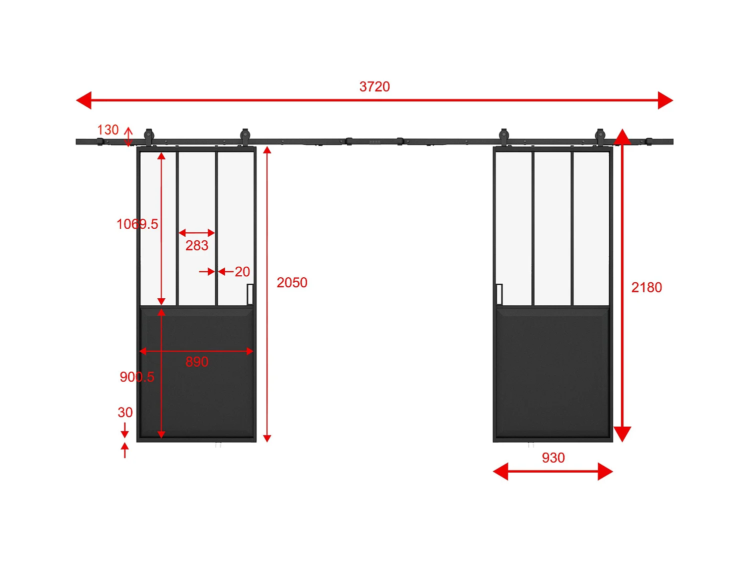 Dubbele schuifdeur in atelierstijl met opbouwsysteem - Zwart MDF en gehard glas - 2 x H205 x L93 cm - ARTISTO II