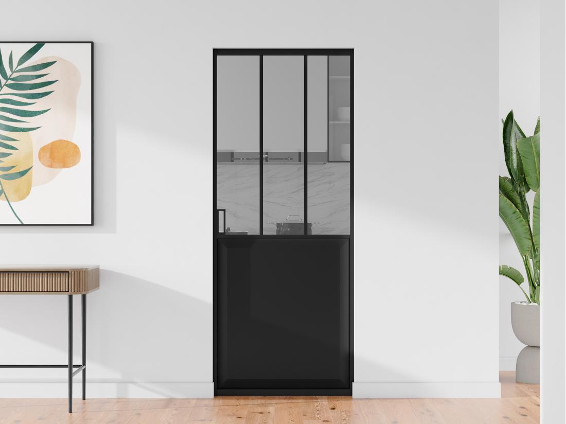 vente unique Porte coulissante atelier avec système à galandage - Noir et verre trempé - H205 x L93 cm - ARTISTO II