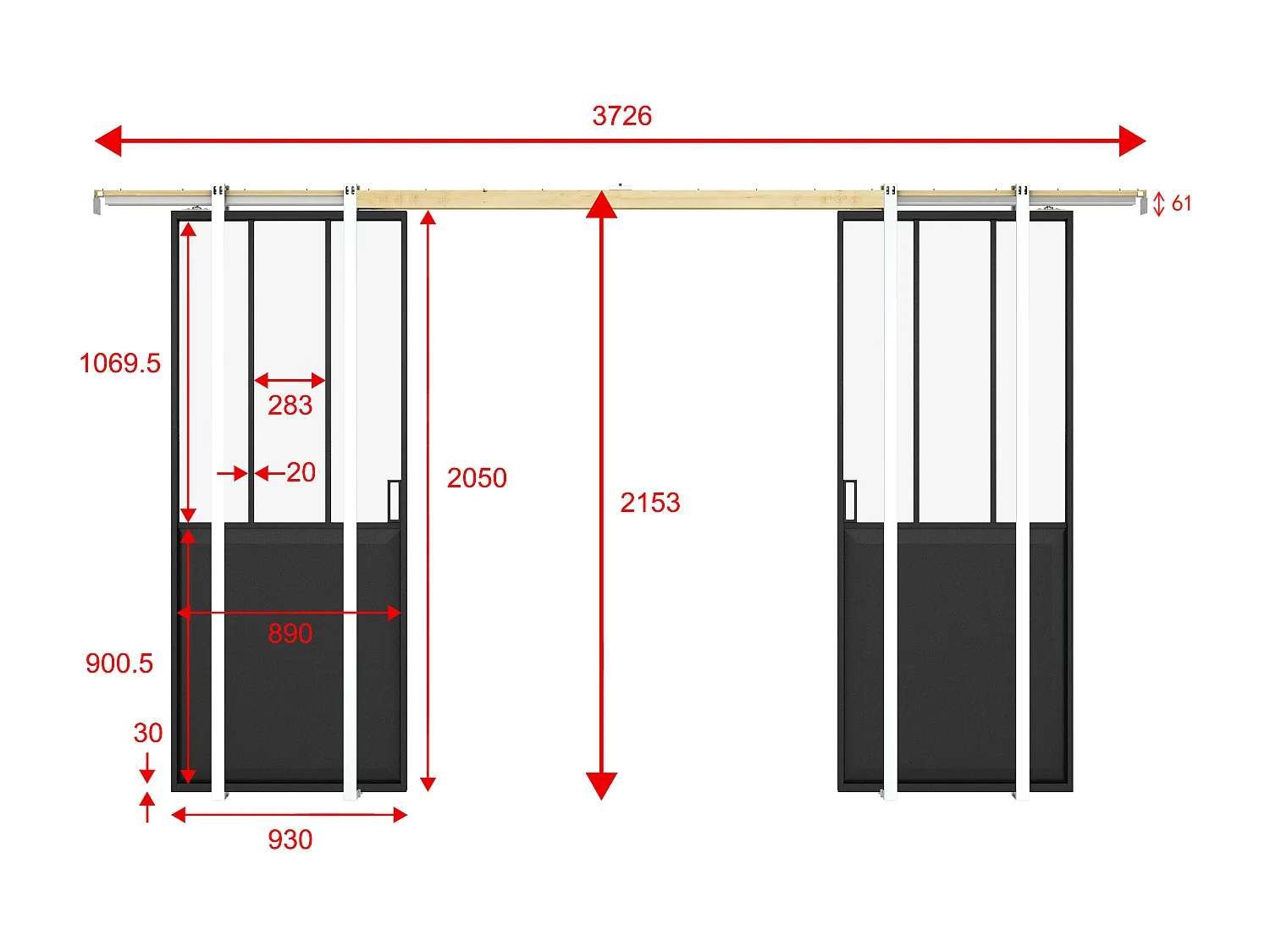 Dubbele schuifdeur in atelierstijl met klamplaagsysteem - Zwart en gehard glas - 2 x H205 x L93 cm - ARTISTO II