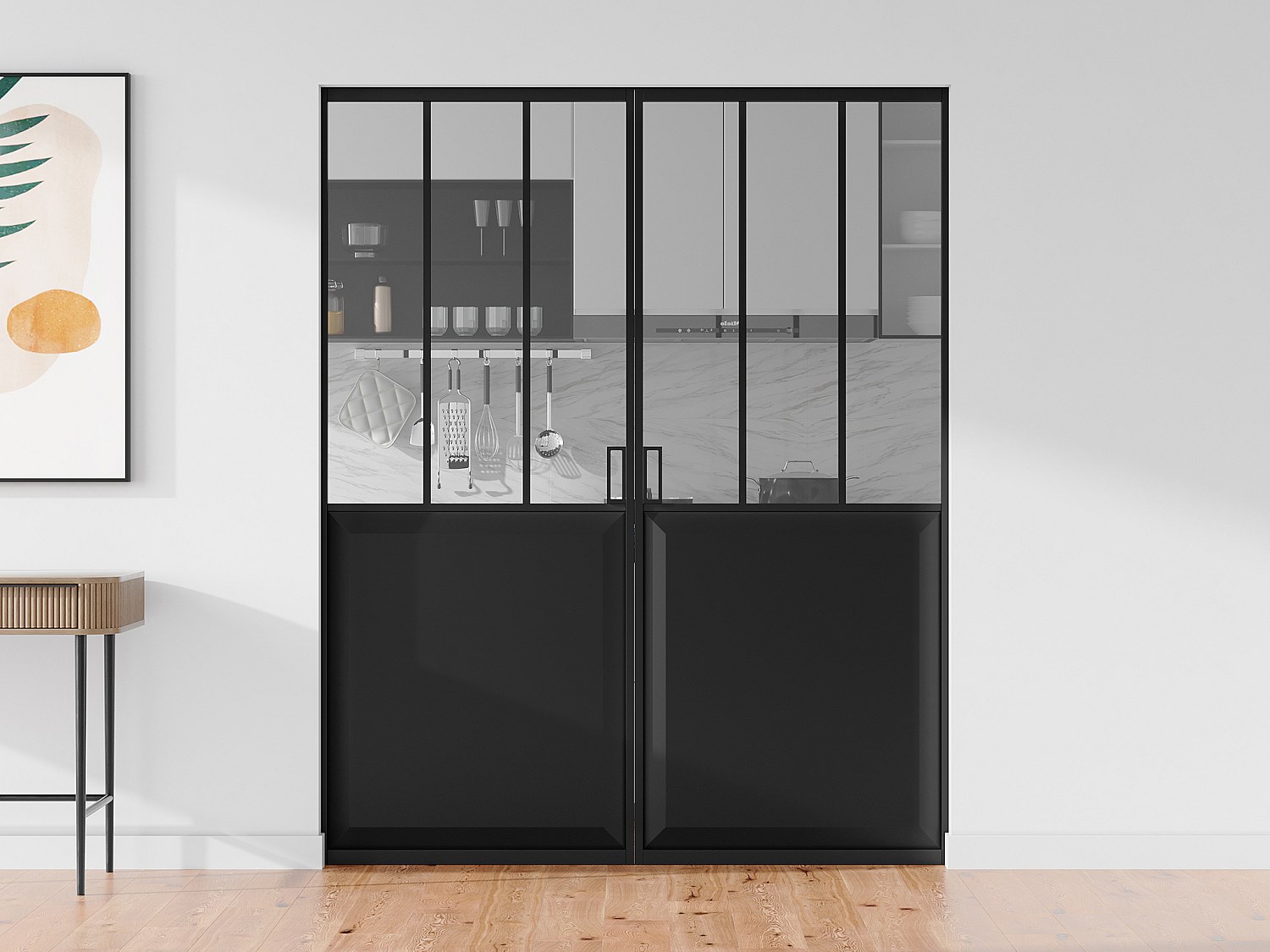 Vente-unique Doppel-Atelier-Schiebetür Mit Galandage-System - Schwarz & Sicherheitsglas - 2 X 205 Cm X 93 Cm - Artisto Ii