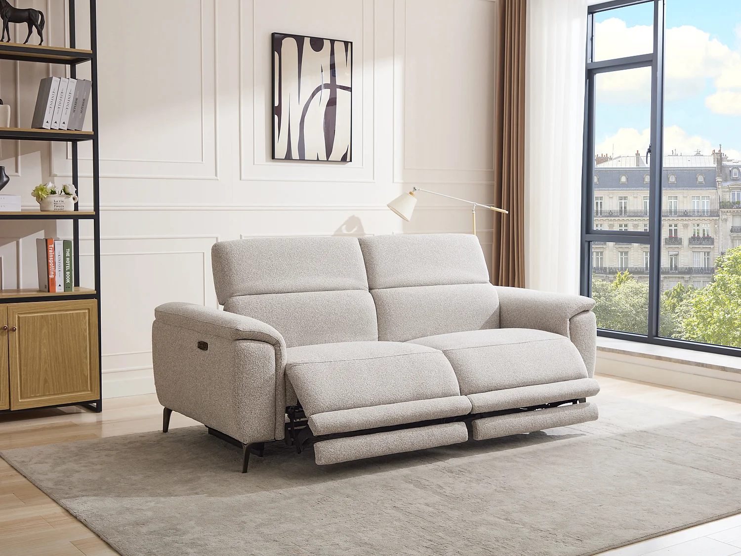 3-sits elektrisk relaxsoffa i ljusgrått texturerat tyg BOSDALO