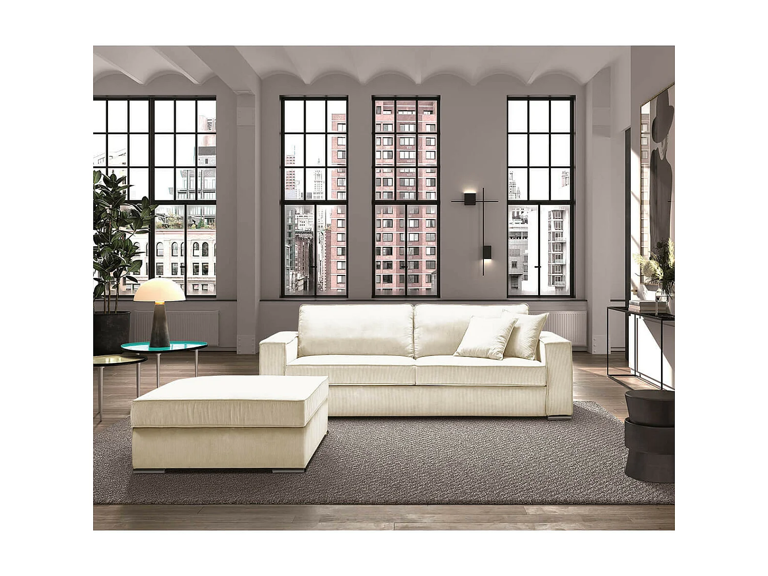 SORIAN - Pouf Repose Pieds Velours Côtelé Blanc