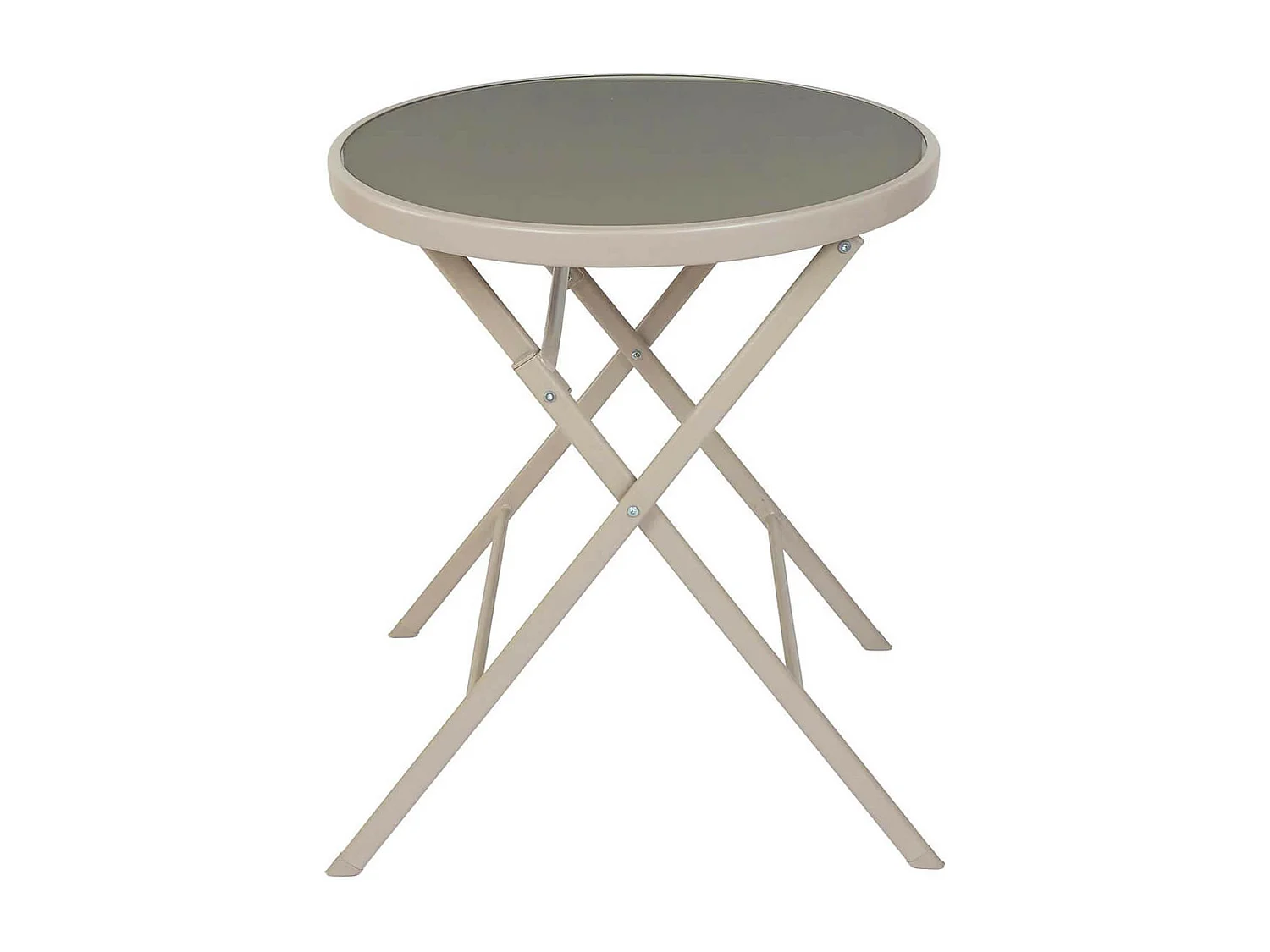 SOHAN - Table Pliante de Jardin Ronde Beige en Métal et Verre Trempé