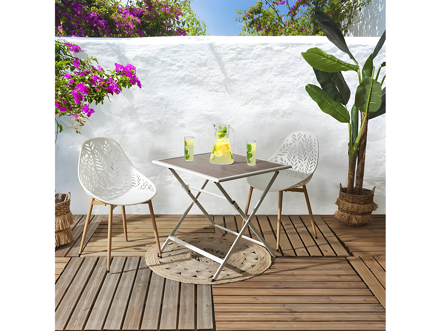 HANAE - Table Pliante de Jardin Carrée en métal et Verre Décor Imitation Bois