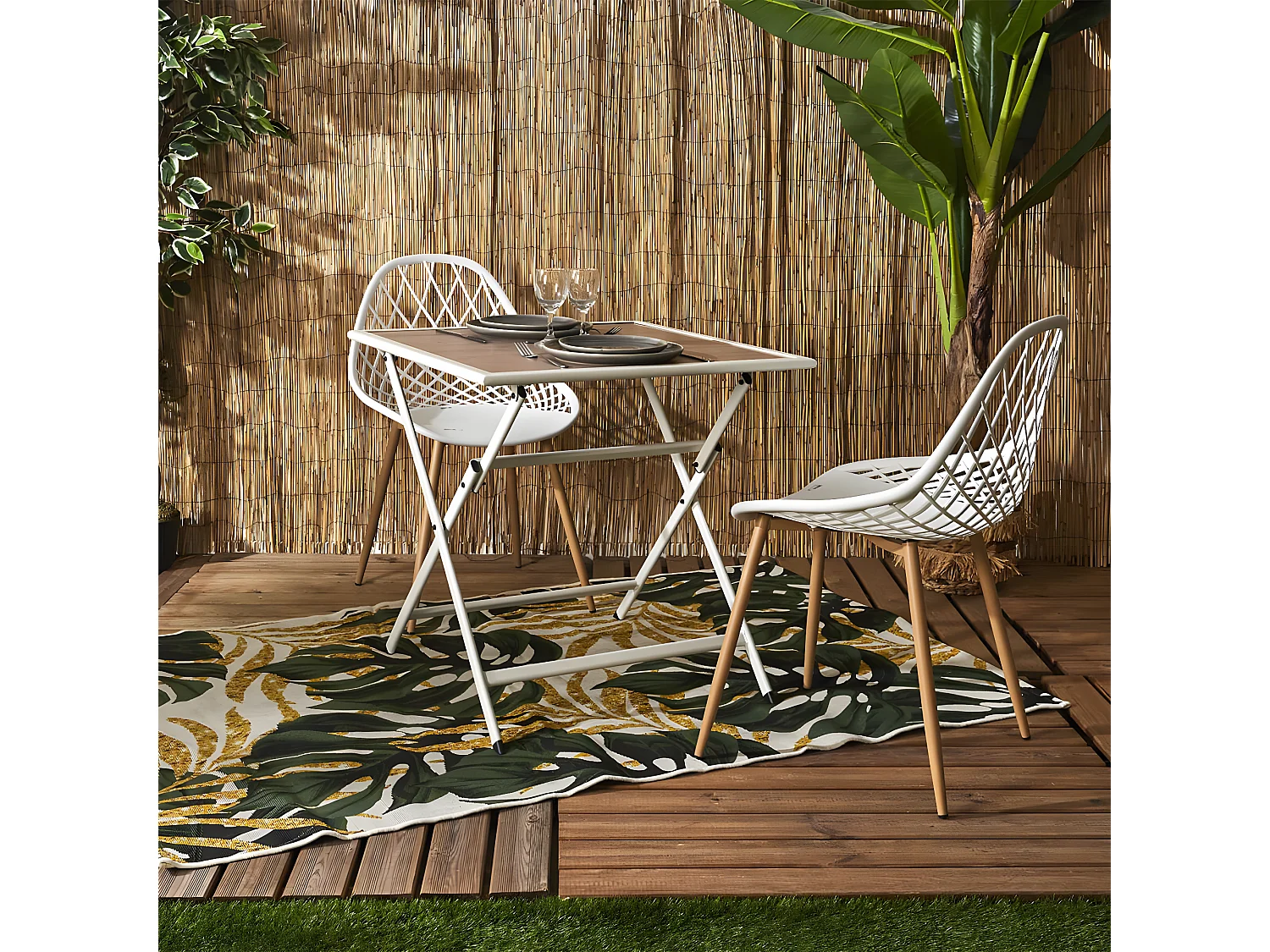 HANAE - Table Pliante de Jardin Carrée en métal et Verre Décor Imitation Bois