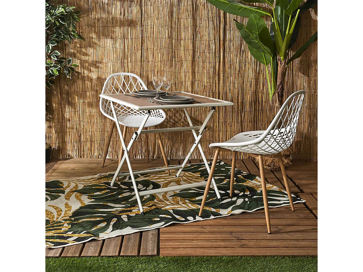HANAE - Table Pliante de Jardin Carrée en métal et Verre Décor Imitation Bois