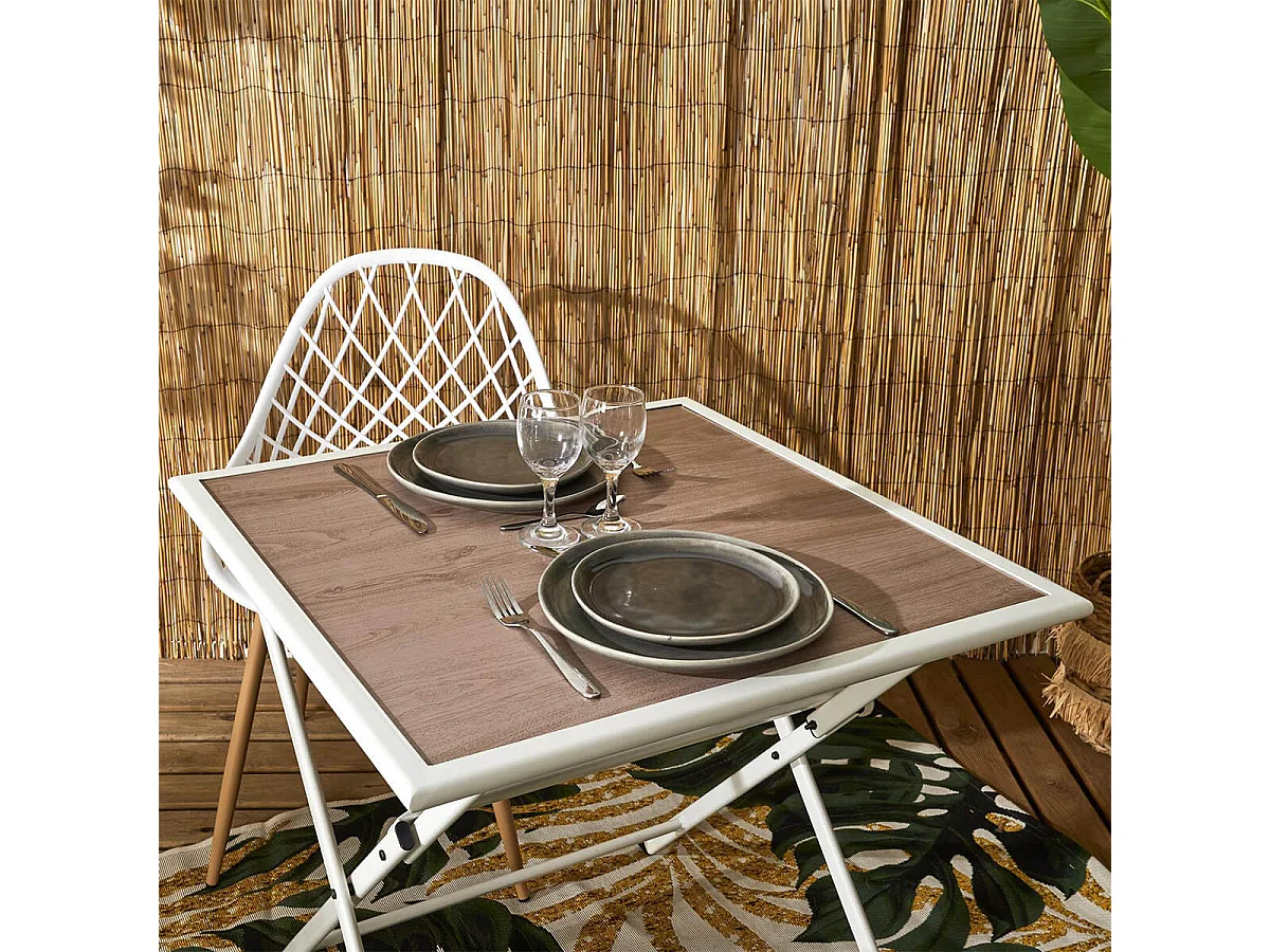 HANAE - Table Pliante de Jardin Carrée en métal et Verre Décor Imitation Bois
