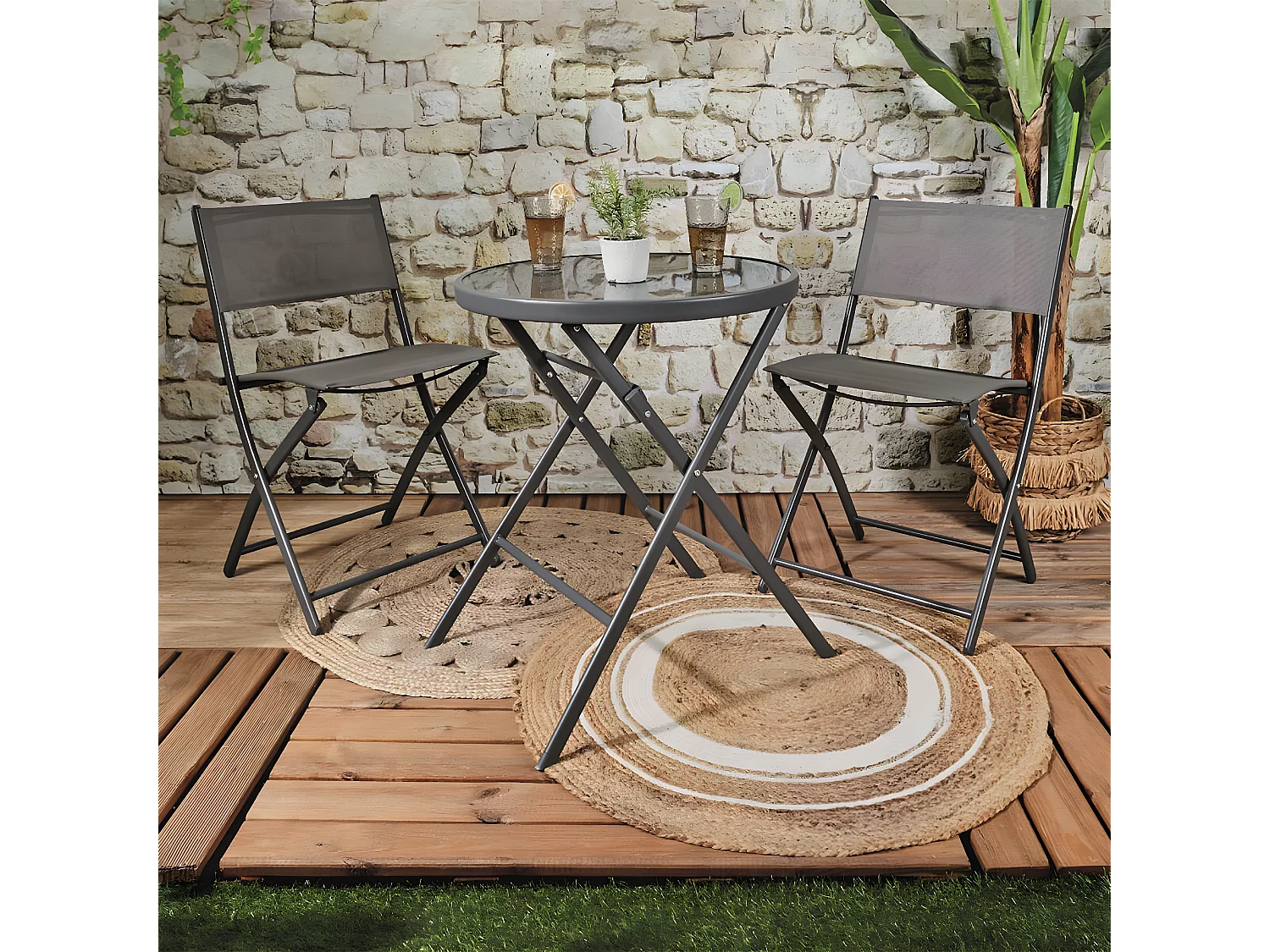 SOHAN - Table Pliante de Jardin Ronde Grise en Métal et Verre Trempé