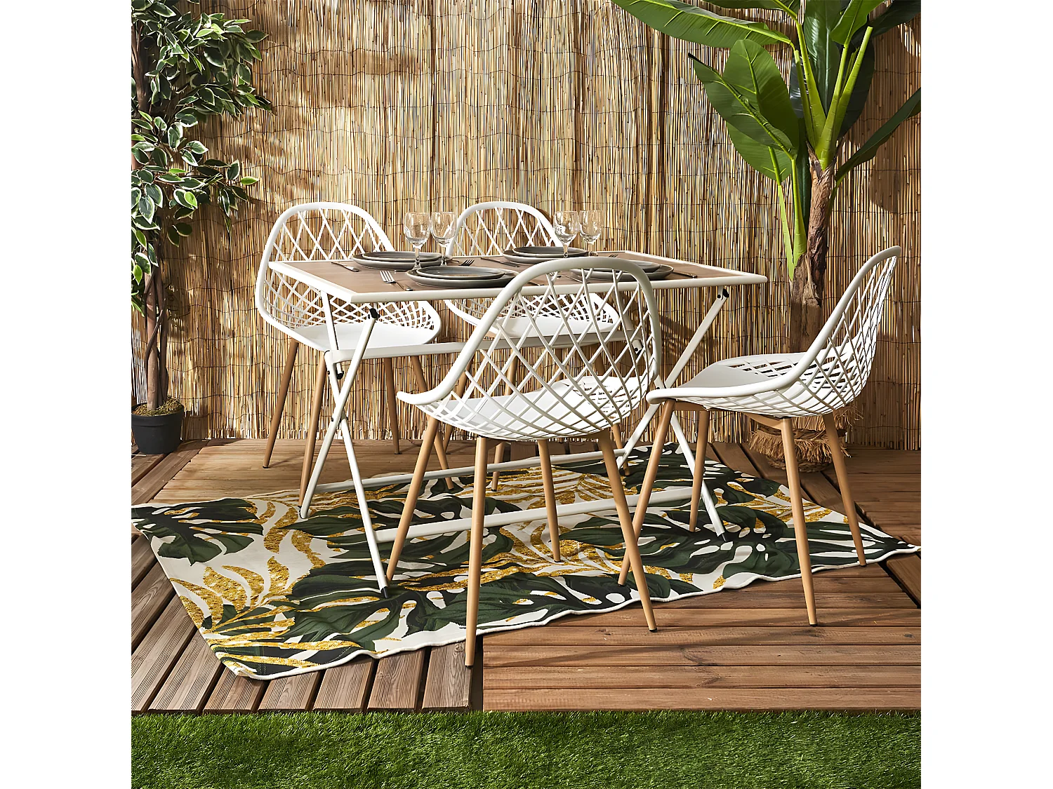 HANAE - Table Pliante de Jardin Rectangle en Métal et Verre Décor Imitation Bois