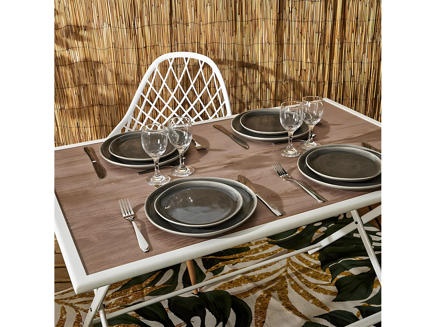 HANAE - Table Pliante de Jardin Rectangle en Métal et Verre Décor Imitation Bois