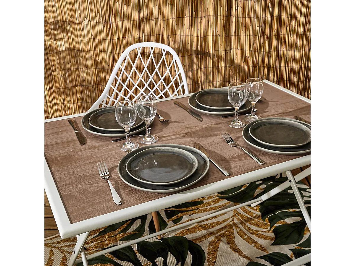 HANAE - Table Pliante de Jardin Rectangle en Métal et Verre Décor Imitation Bois