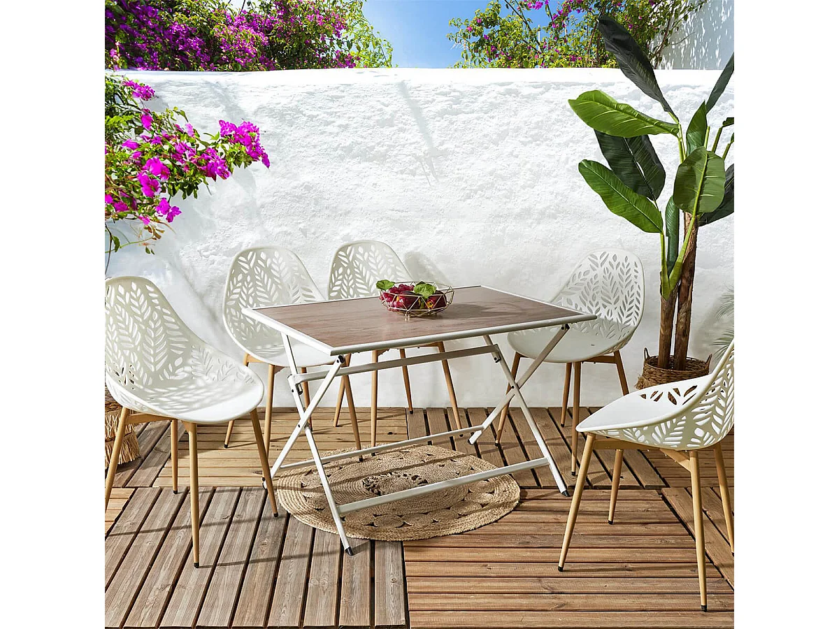 HANAE - Table Pliante de Jardin Rectangle en Métal et Verre Décor Imitation Bois