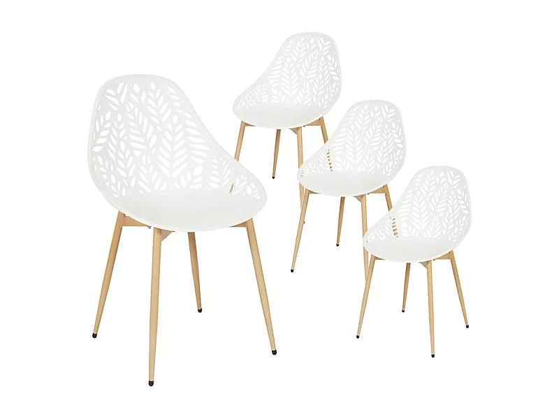 SAYA - Lot de 4 Chaises de Jardin Coque Plastique Ajourée Blanc Pieds Métal