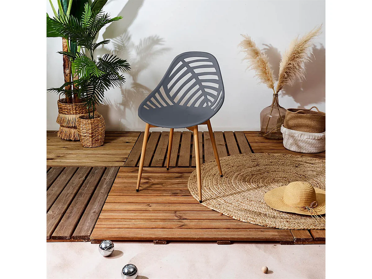 SAORI - Lot de 4 Chaises de Jardin Coque Plastique Ajourée Gris Pieds Métal