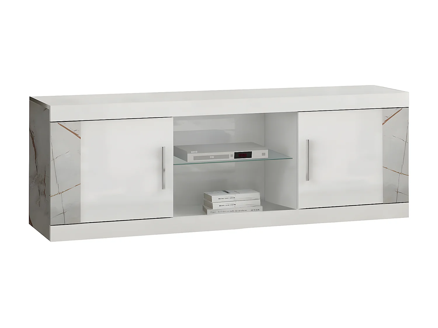 EROS - Meuble TV 2 Portes et 2 Niches Blanc avec Décor Latéral Aspect Marbre