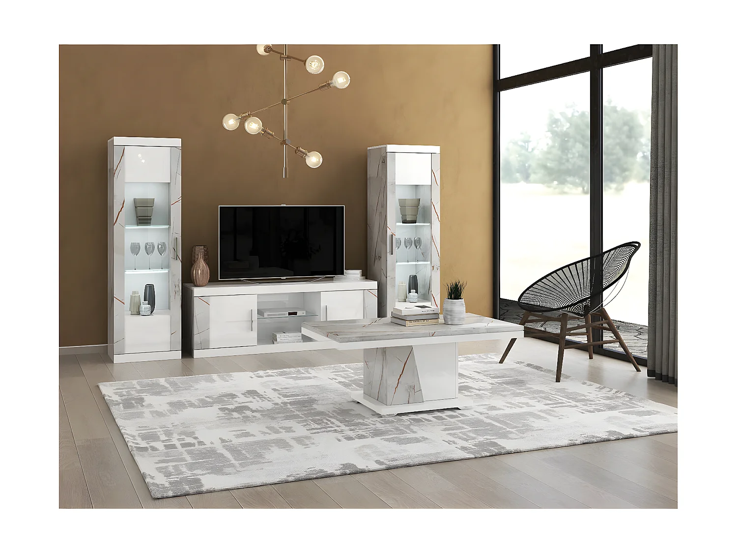 EROS - Meuble TV 2 Portes et 2 Niches Blanc avec Décor Latéral Aspect Marbre